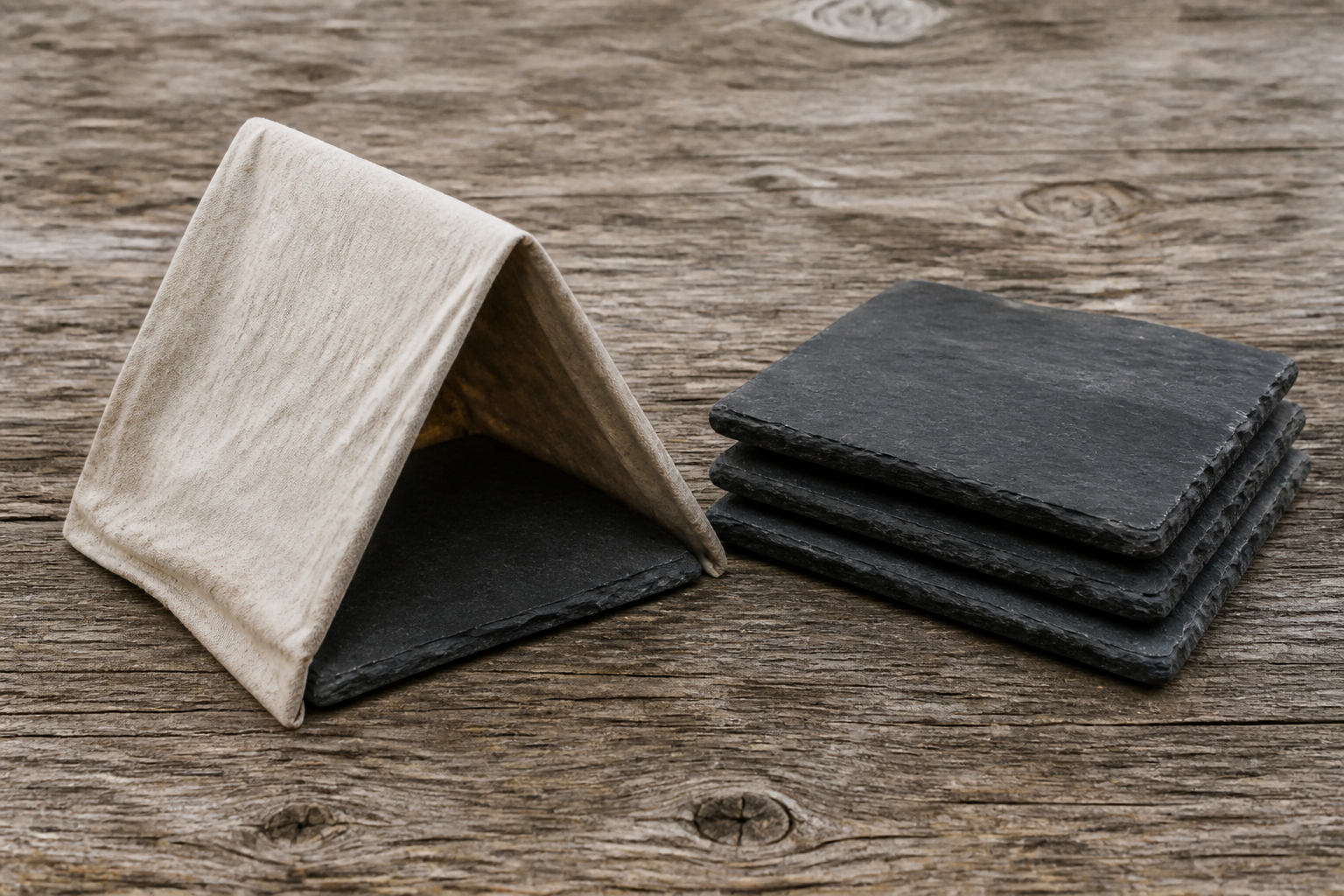 A small canvas field shelter protecting one slate reference tile beside three closed slate panels